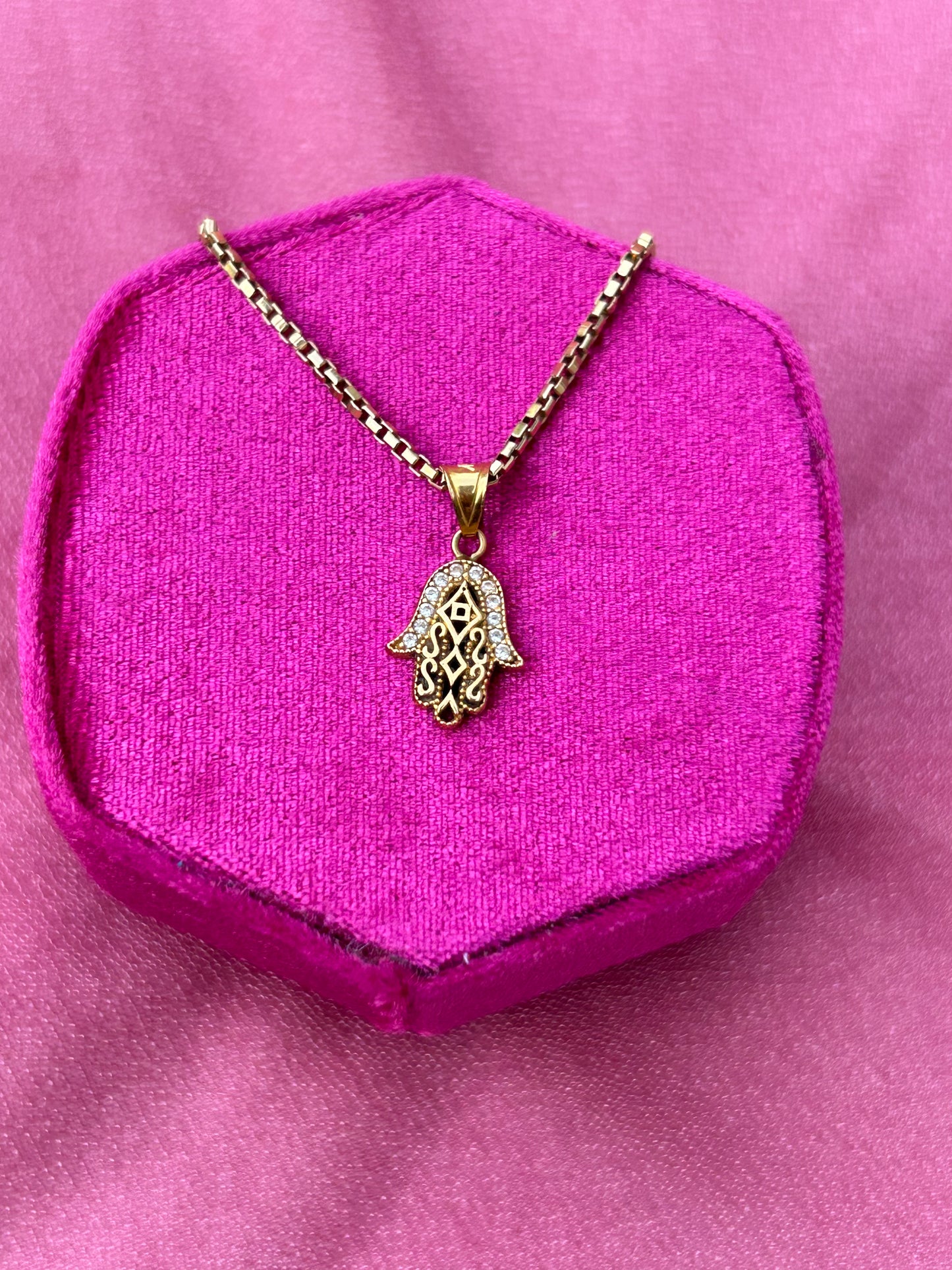 21K Gold Hamsa Pendant with Clear Stones